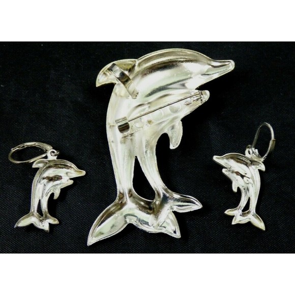 Dolphin Pendant Brooch Jewelry Set Pierced Earrings Silver Tone Vintage Shiny! - Picture 12 of 12